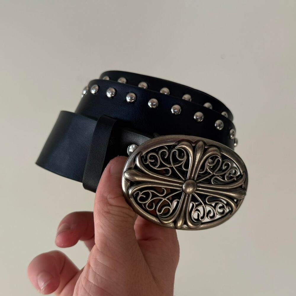 Vintage Chrome Cross Studded Black Belt – Silver Grunge Unisex Style, New - Picture 8 of 8
